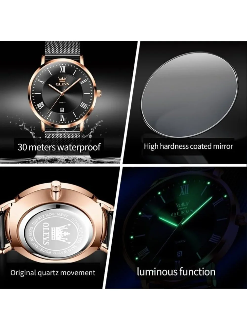 Men's Rose Gold Black Analog Quartz Mesh Strap Luxury Luminous Waterproof Watch